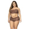 Ensemble 2 pièces en dentelle grande taille, top à bretelles et shorty couleur cacao 