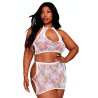 Ensemble 2 pièces grande taille top et jupe en résille fantaisie blanche 