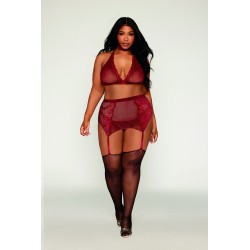 Ensemble 4 pièces grande taille soutien gorge, tour de cou, string et porte jarretelles rouge 
