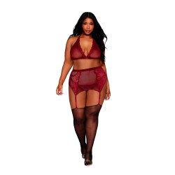 Ensemble 4 pièces grande taille soutien gorge, tour de cou, string et porte jarretelles rouge 