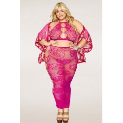 Ensemble Soutien-gorge et jupe longue en filet rose, grande taille 