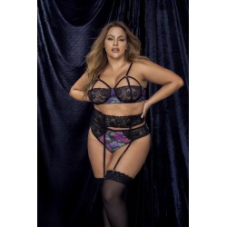 Deux-en-un, nuisette et ensemble trois pièces noir, grande taille, tissu fleur exotique 