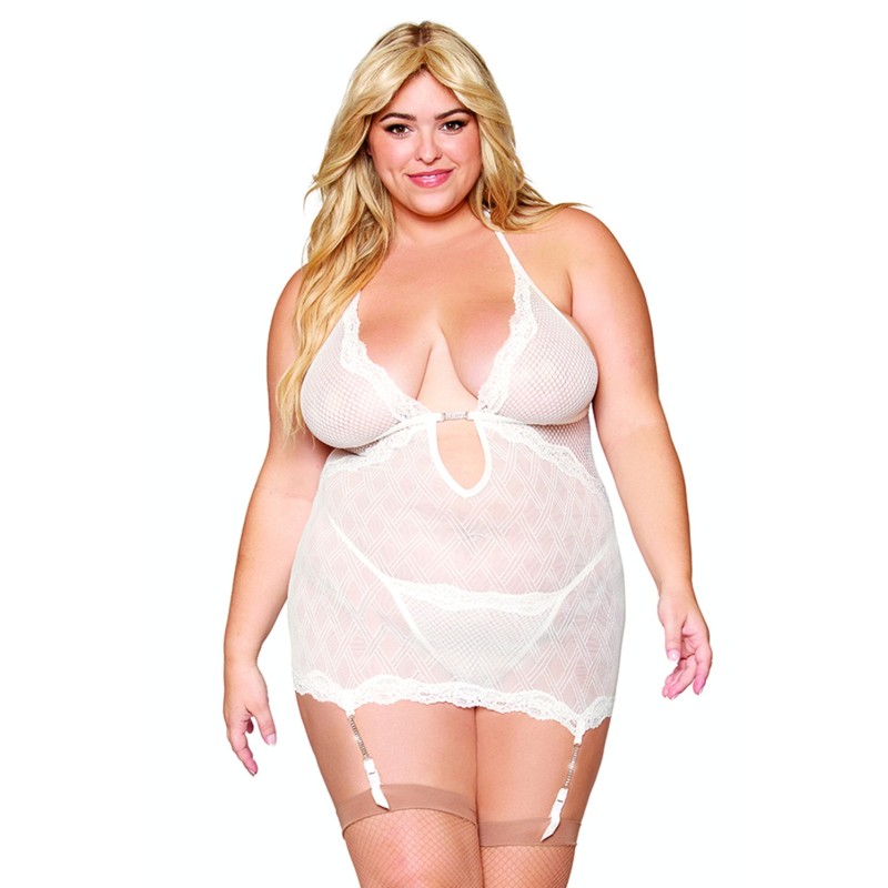 Guépière porte jarretelles blanche grande taille avec strass et string inclus 