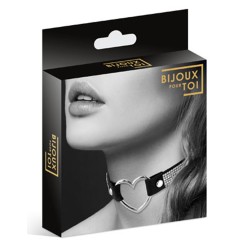 Collier en cuir noir SM avec bande de strass et coeur métal argenté 