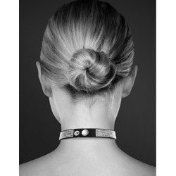 Collier en cuir noir SM avec bande de strass et coeur métal argenté 