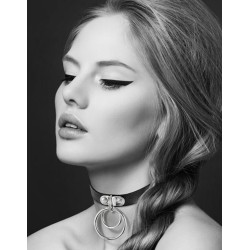 Collier en cuir noir SM avec double anneau métal argenté pour laisse 