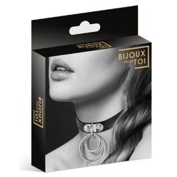 Collier en cuir noir SM avec double anneau métal argenté pour laisse 