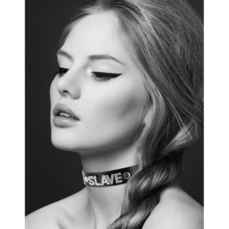 Collier en cuir noir SM avec Slave en strass 