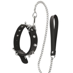 Collier fétichiste avec anneaux pointes et laisse métallique 