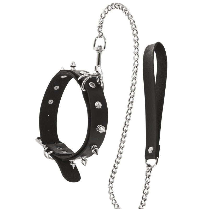 Collier fétichiste avec anneaux pointes et laisse métallique 