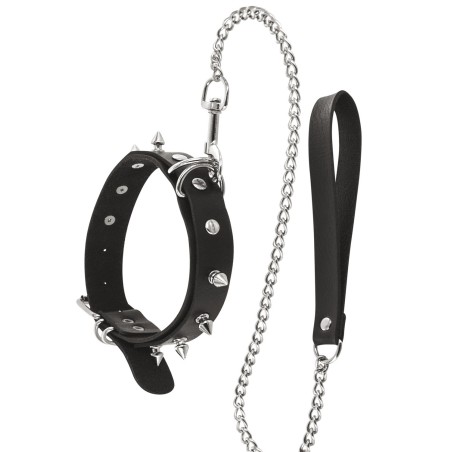 Collier fétichiste avec anneaux pointes et laisse métallique 