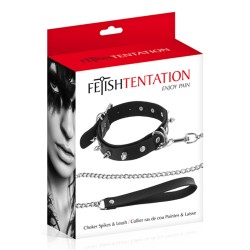 Collier fétichiste avec anneaux pointes et laisse métallique 