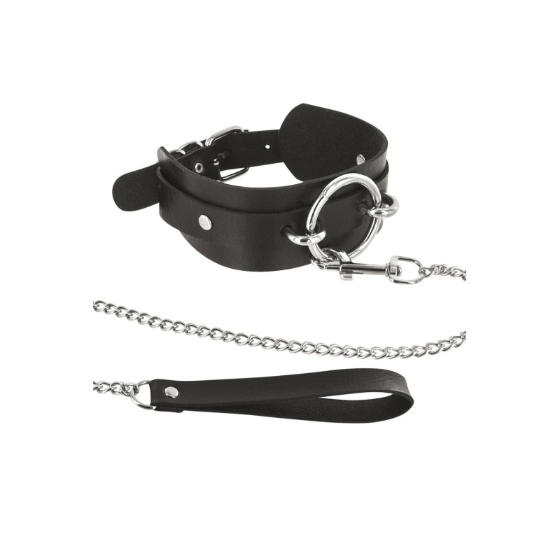 Collier fétichiste large anneau métal et laisse 