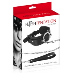 Collier fétichiste large anneau métal et laisse 