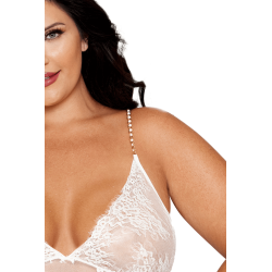 Nuisette longue blanche grande taille en dentelle florale, string assorti 