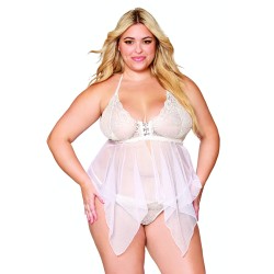 Babydoll et string grande taille en résille et dentelle blanche 