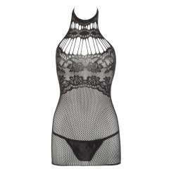Petite robe en résille noire, sans couture, avec dentelle sur la poitrine. String assorti 
