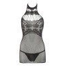 Petite robe en résille noire, sans couture, avec dentelle sur la poitrine. String assorti 